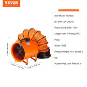 Portable Ventilator, 304.8mm/12inch Heavy Duty Cylinder Fan with 10m Duct Hose, 367W Strong Shop Exhaust V952-BXS550W1012IN2YW8V3