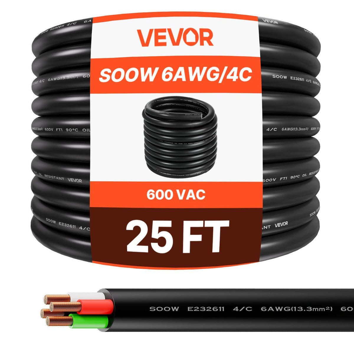 7.62 m 6AWG Portable Power Cable (4 Conductor), Heavy Duty 600V SOOW Electrical Power Cable, Industrial Grade V952-BXSDYXSOOWDLLUJEO001V8