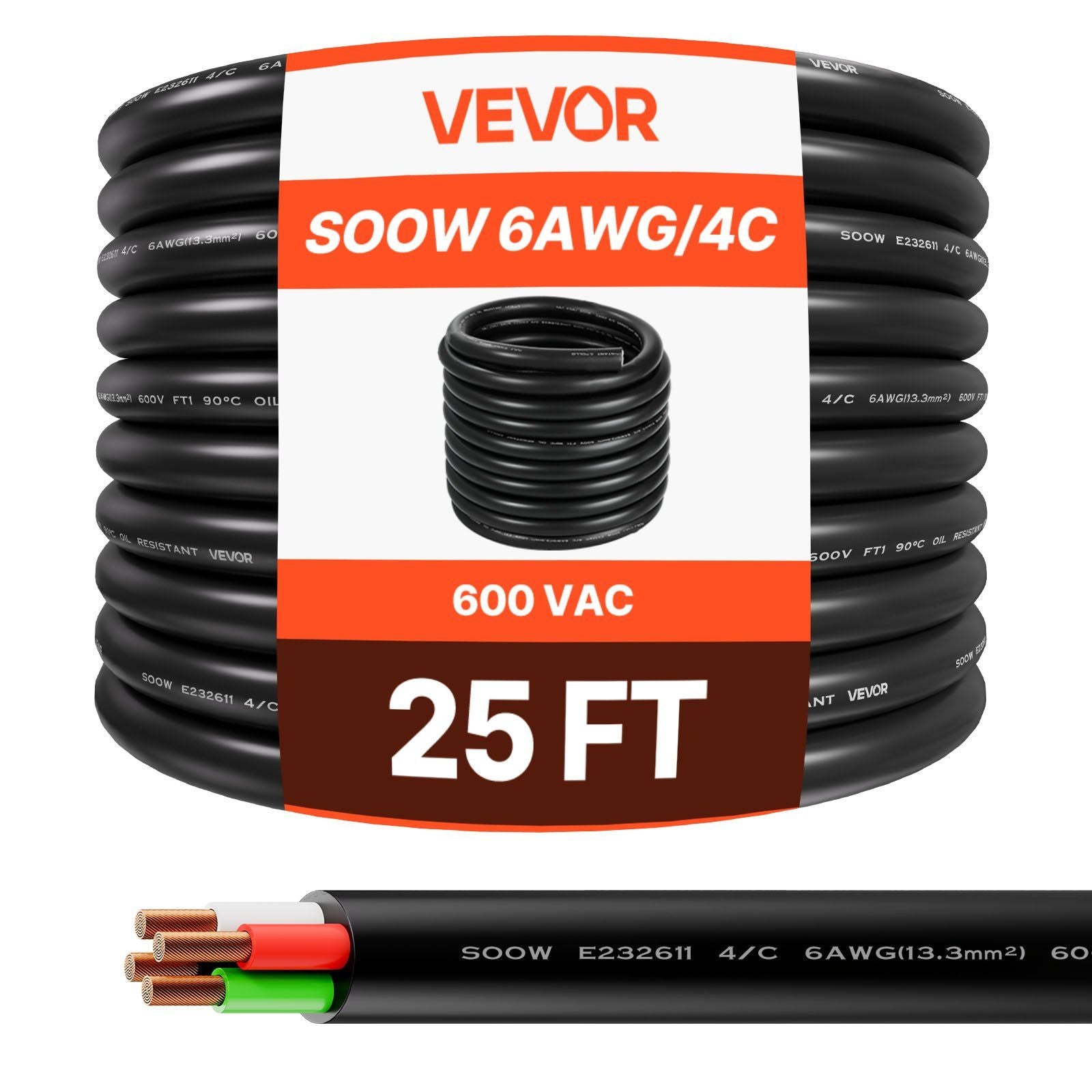 7.62 m 6AWG Portable Power Cable (4 Conductor), Heavy Duty 600V SOOW Electrical Power Cable, Industrial Grade V952-BXSDYXSOOWDLLUJEO001V8
