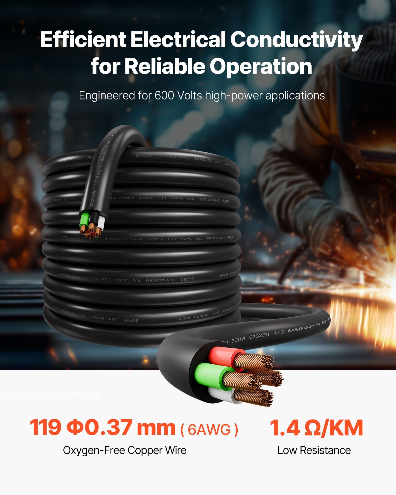 7.62 m 6AWG Portable Power Cable (4 Conductor), Heavy Duty 600V SOOW Electrical Power Cable, Industrial Grade V952-BXSDYXSOOWDLLUJEO001V8