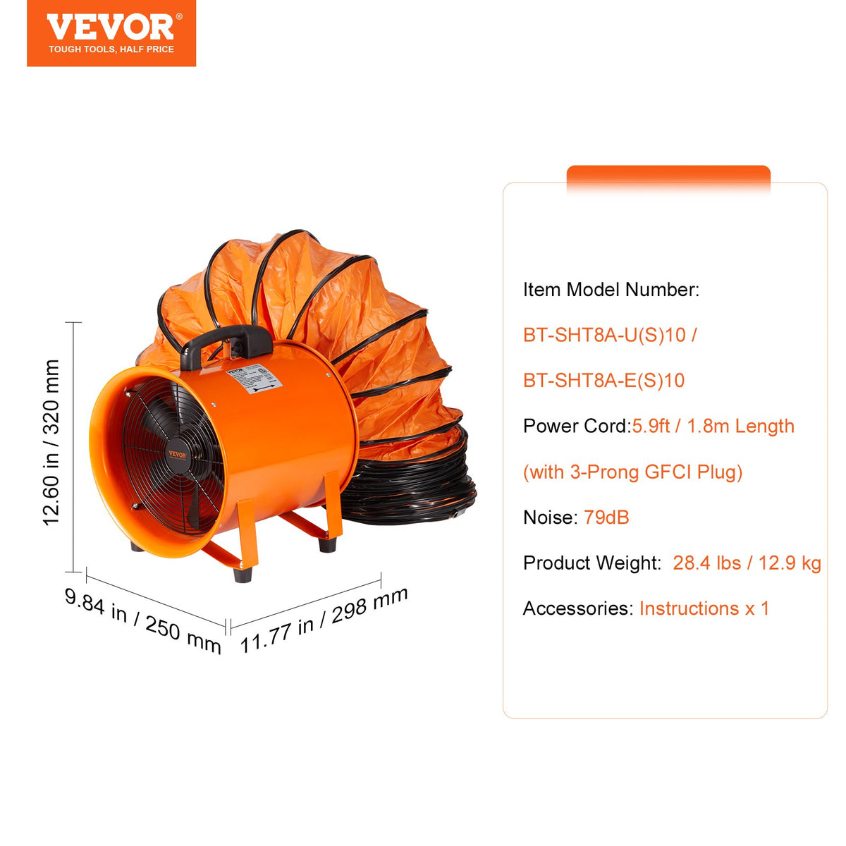 Portable Ventilator, 203.2mm/8inch Heavy Duty Cylinder Fan with 10m Duct Hose, 145W Strong Shop Exhaust V952-BXSG230W108INDT09V3
