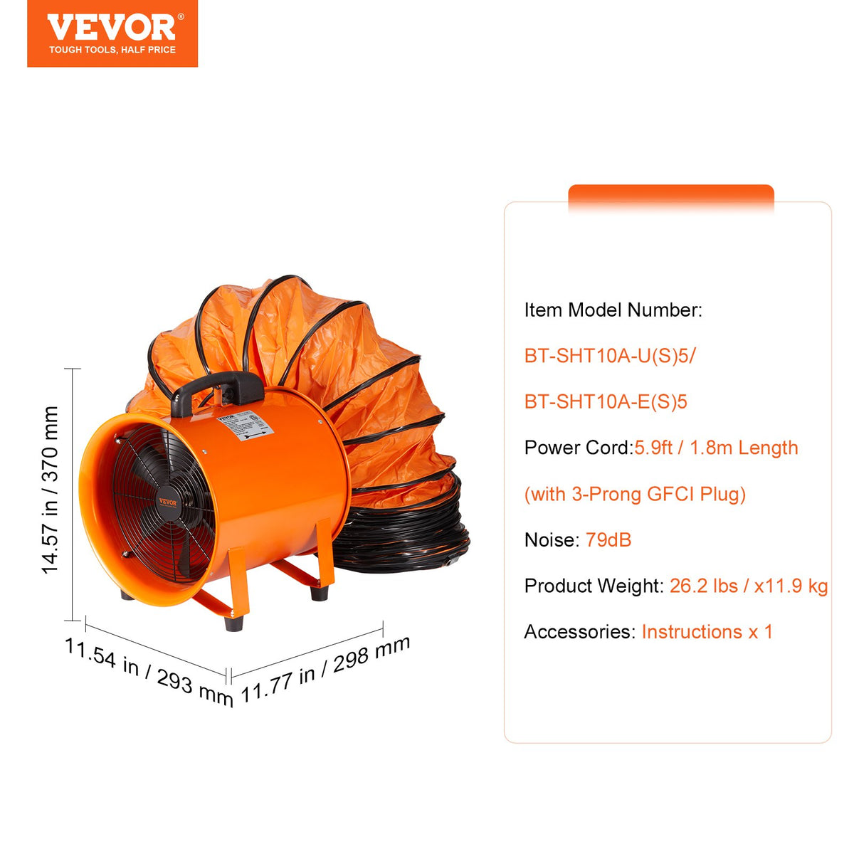 Portable Ventilator, 254mm/10inch Heavy Duty Cylinder Fan with 5m Duct Hose, 255W Strong Shop Exhaust Blower V952-BXSG350W510INTZQVV3