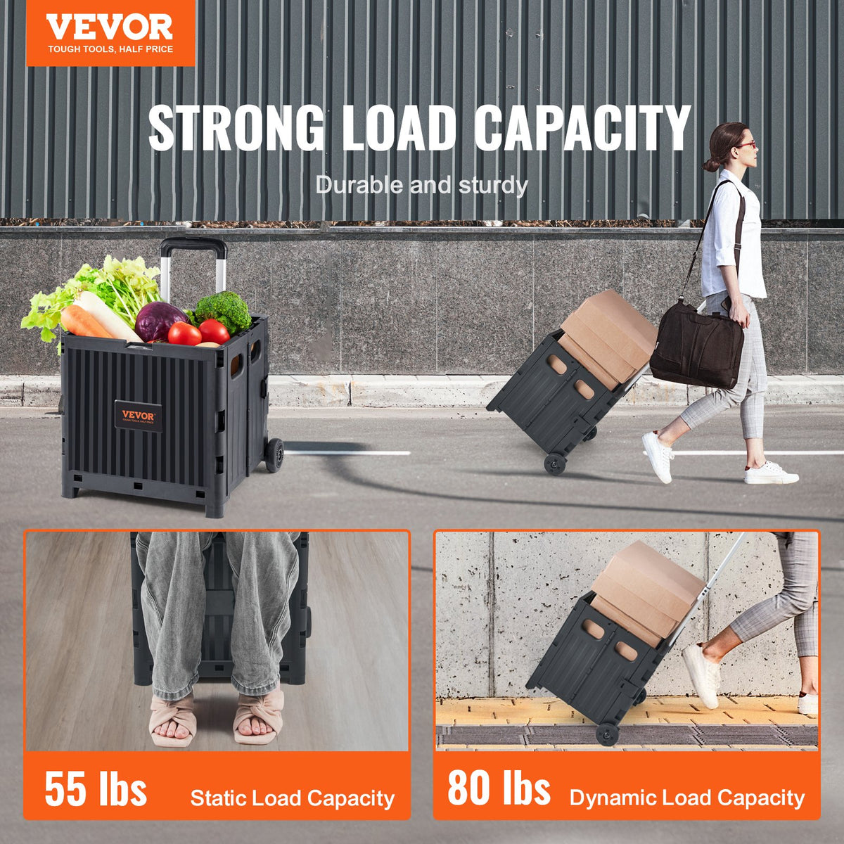 Foldable Utility Cart, 36 kg Load Capacity, Folding Portable Rolling Crate Handcart with Durable Heavy Duty V952-BXSGWCXCZLBD2C7A9V0