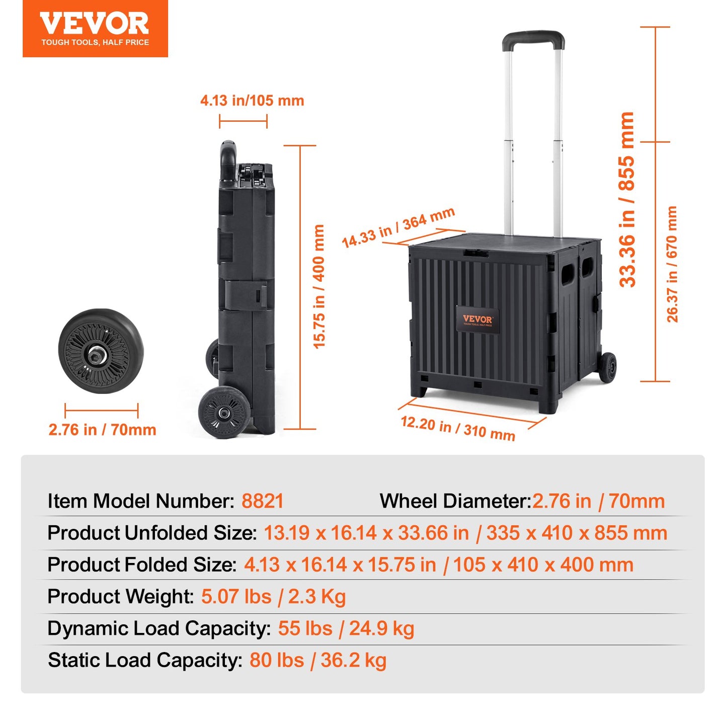 Foldable Utility Cart, 36 kg Load Capacity, Folding Portable Rolling Crate Handcart with Durable Heavy Duty V952-BXSGWCXCZLBD2C7A9V0