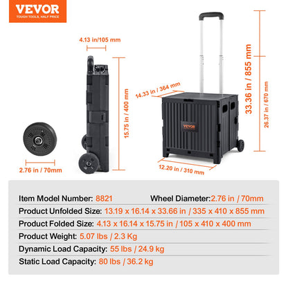 Foldable Utility Cart, 36 kg Load Capacity, Folding Portable Rolling Crate Handcart with Durable Heavy Duty V952-BXSGWCXCZLBD2C7A9V0