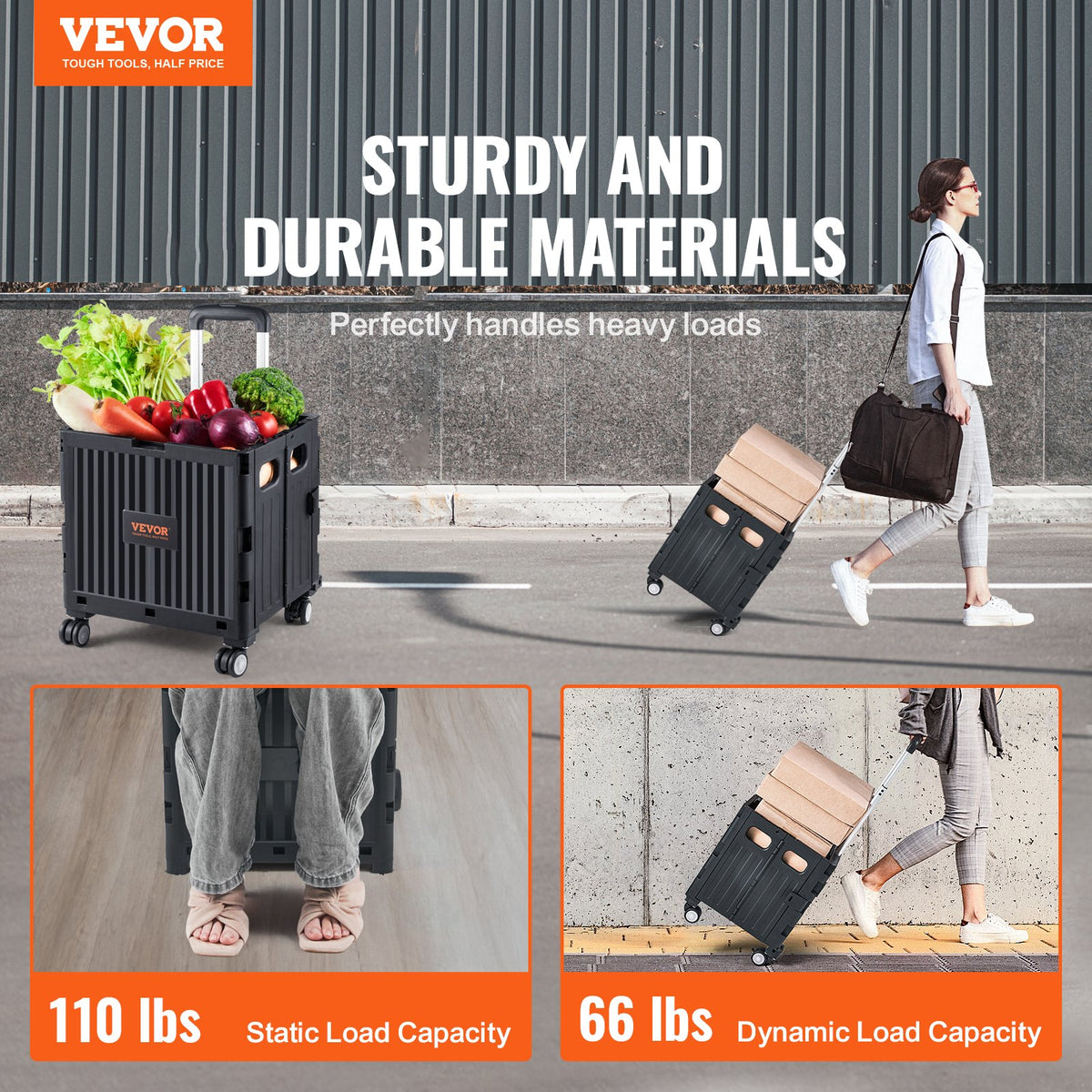 Foldable Utility Cart, 50 kg Load Capacity, Folding Portable Rolling Crate Handcart with Heavy Duty V952-BXSGWCZCZLDW44U3WV0