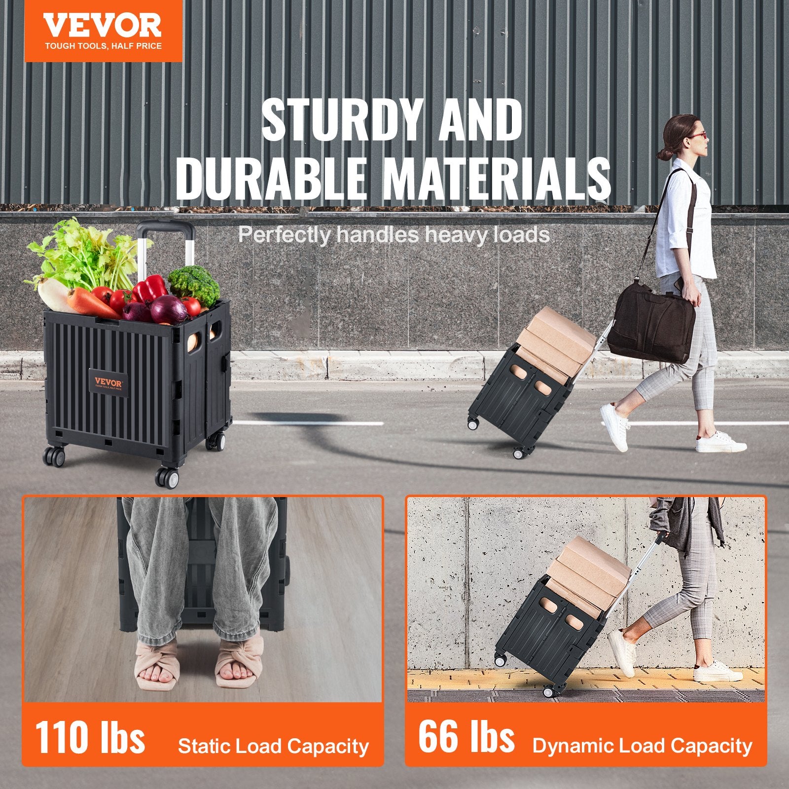Foldable Utility Cart, 50 kg Load Capacity, Folding Portable Rolling Crate Handcart with Heavy Duty V952-BXSGWCZCZLDW44U3WV0