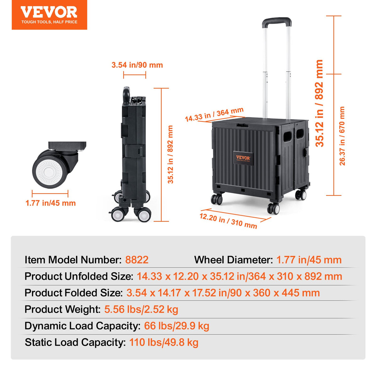 Foldable Utility Cart, 50 kg Load Capacity, Folding Portable Rolling Crate Handcart with Heavy Duty V952-BXSGWCZCZLDW44U3WV0