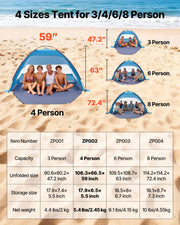 Beach Tent Sun Shelter for 4 Person, UPF 50+ Protection, Portable Sun Shade Canopy with Carrying Bag & Sand V952-BXSHTZPDBJC4MORNX001V0