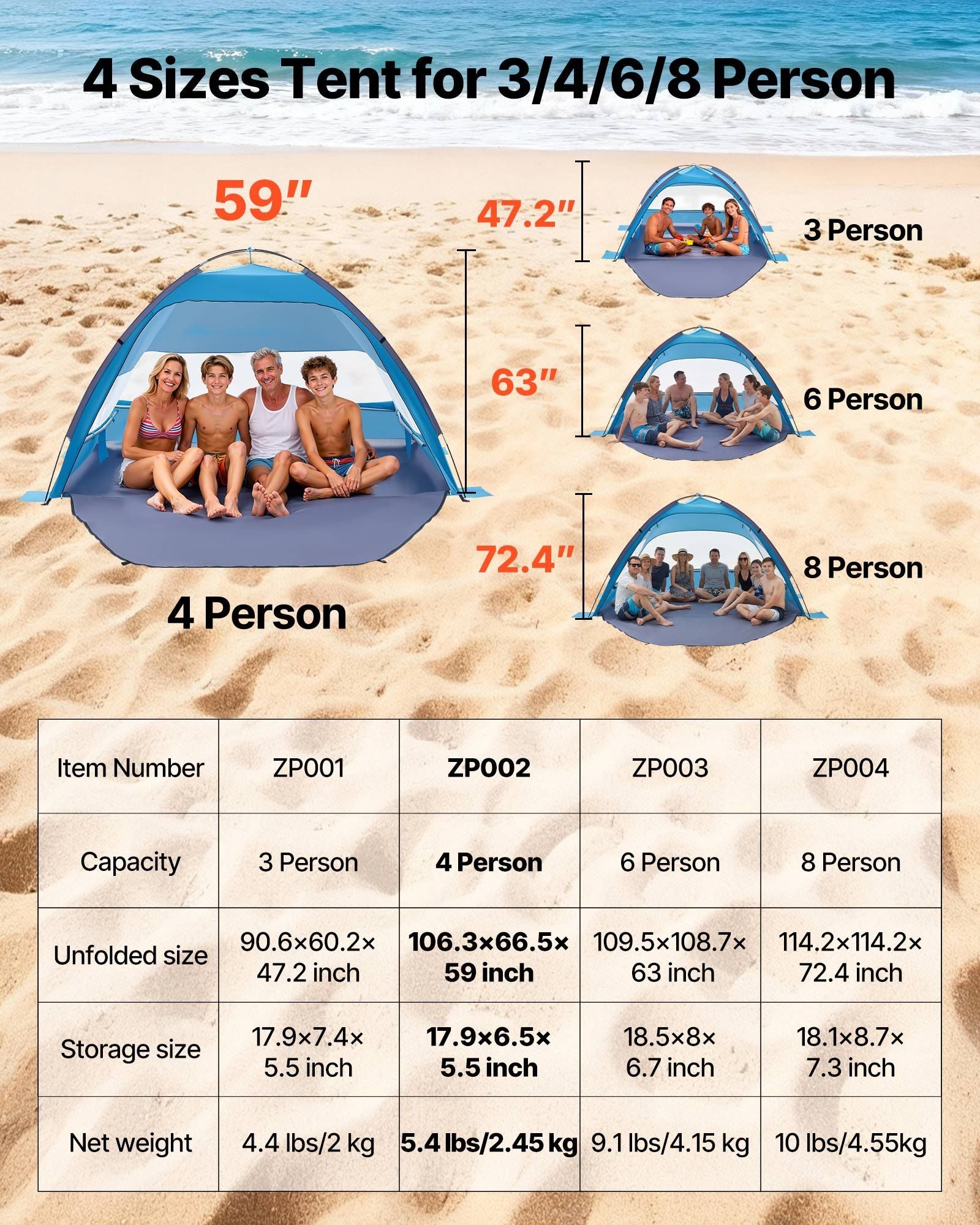 Beach Tent Sun Shelter for 4 Person, UPF 50+ Protection, Portable Sun Shade Canopy with Carrying Bag & Sand V952-BXSHTZPDBJC4MORNX001V0