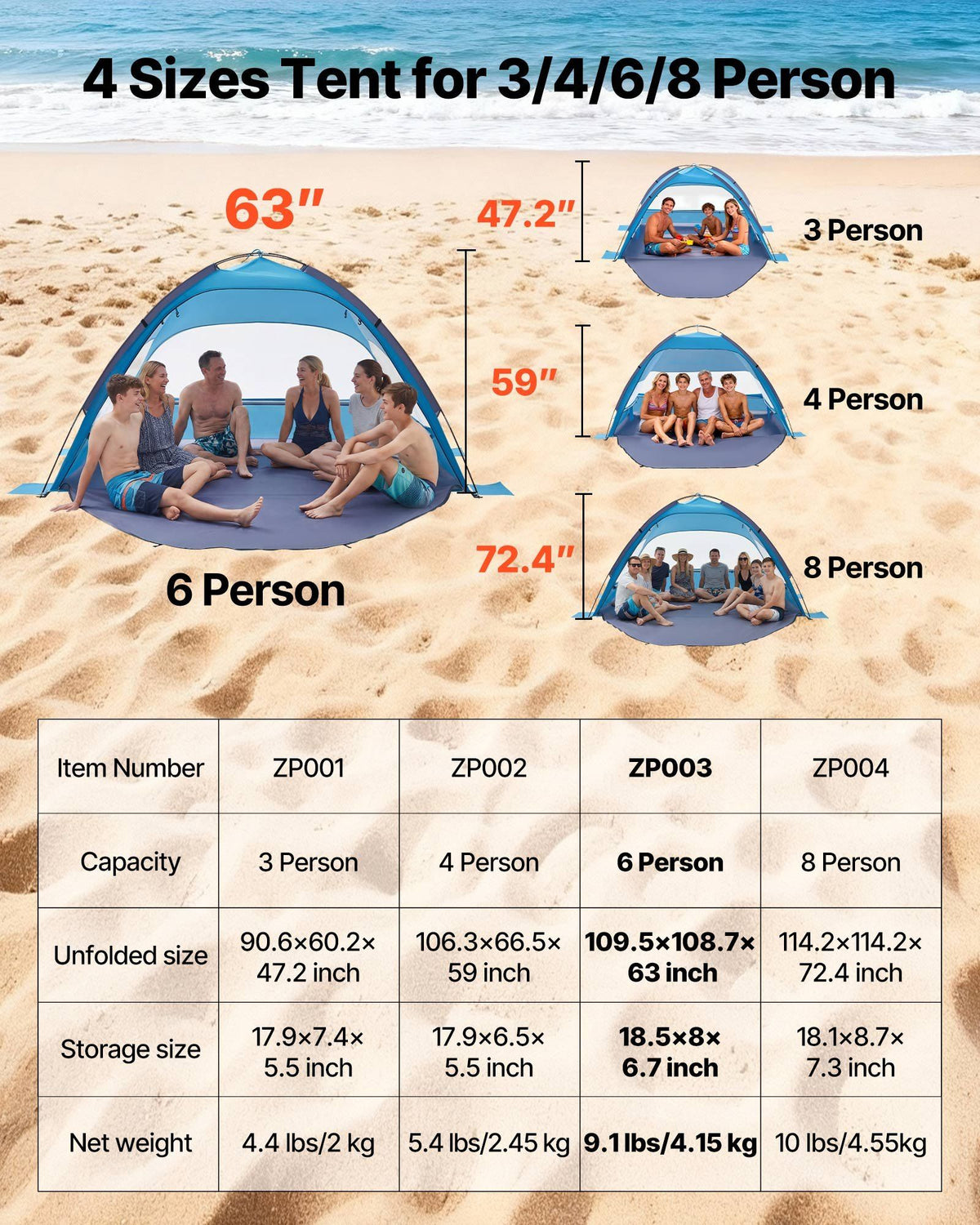Beach Tent Sun Shelter for 6 Person, UPF 50+ Protection, Portable Sun Shade Canopy with Carrying Bag & Sand V952-BXSHTZPDBJC6IOET9001V0