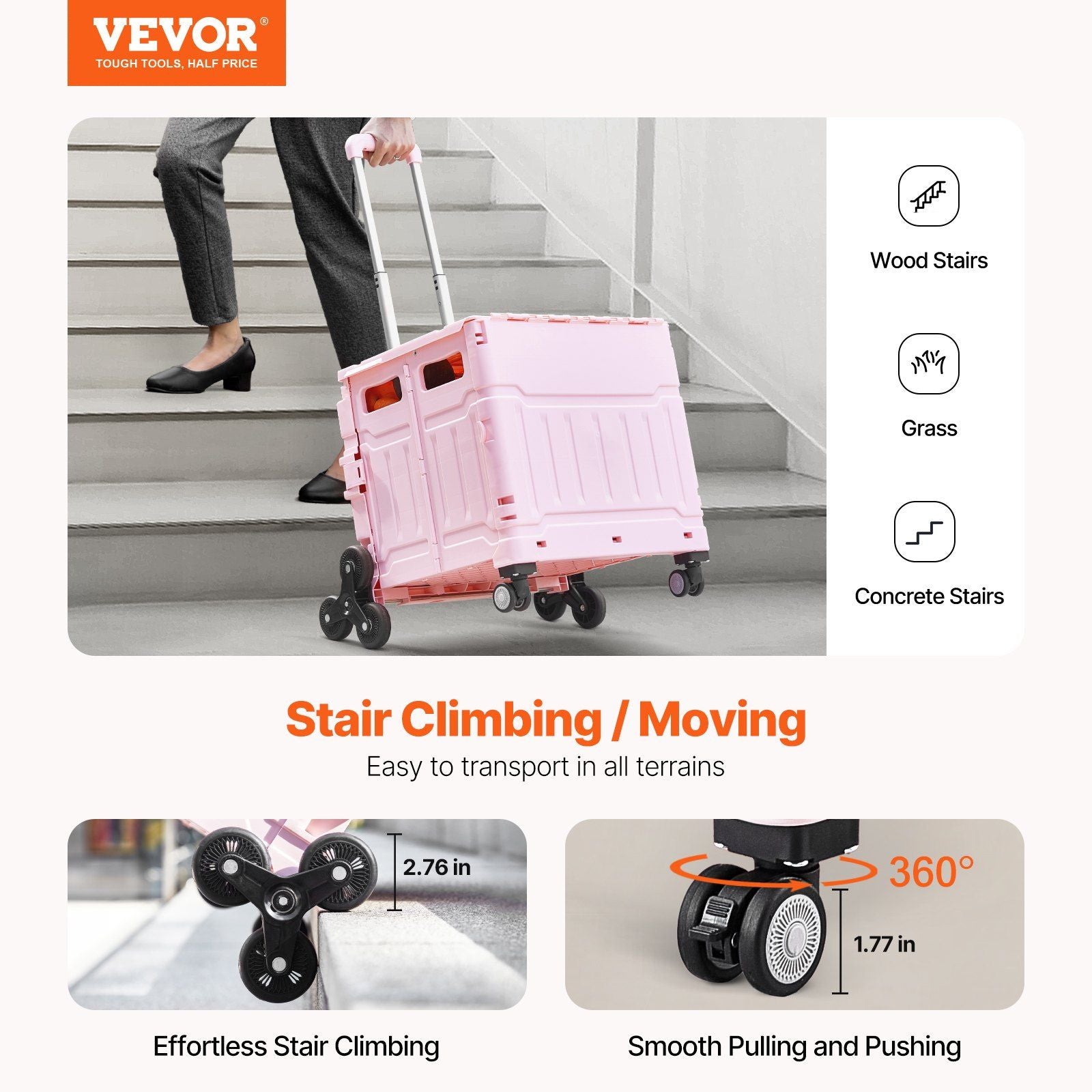 Foldable Utility Cart, 65L Collapsible Portable Crate Rolling Cart with Stair Climbing Wheels & 360 degrees V952-BXSPLCFS176L2ECQCV0
