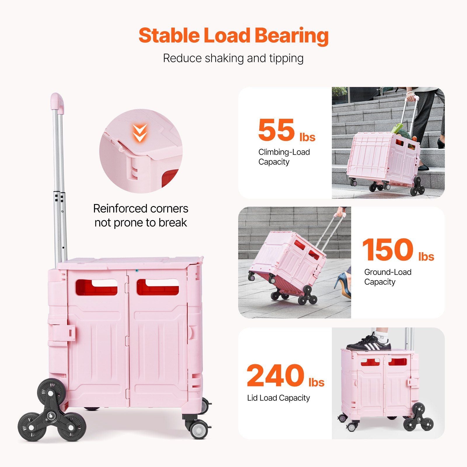 Foldable Utility Cart, 65L Collapsible Portable Crate Rolling Cart with Stair Climbing Wheels & 360 degrees V952-BXSPLCFS176L2ECQCV0