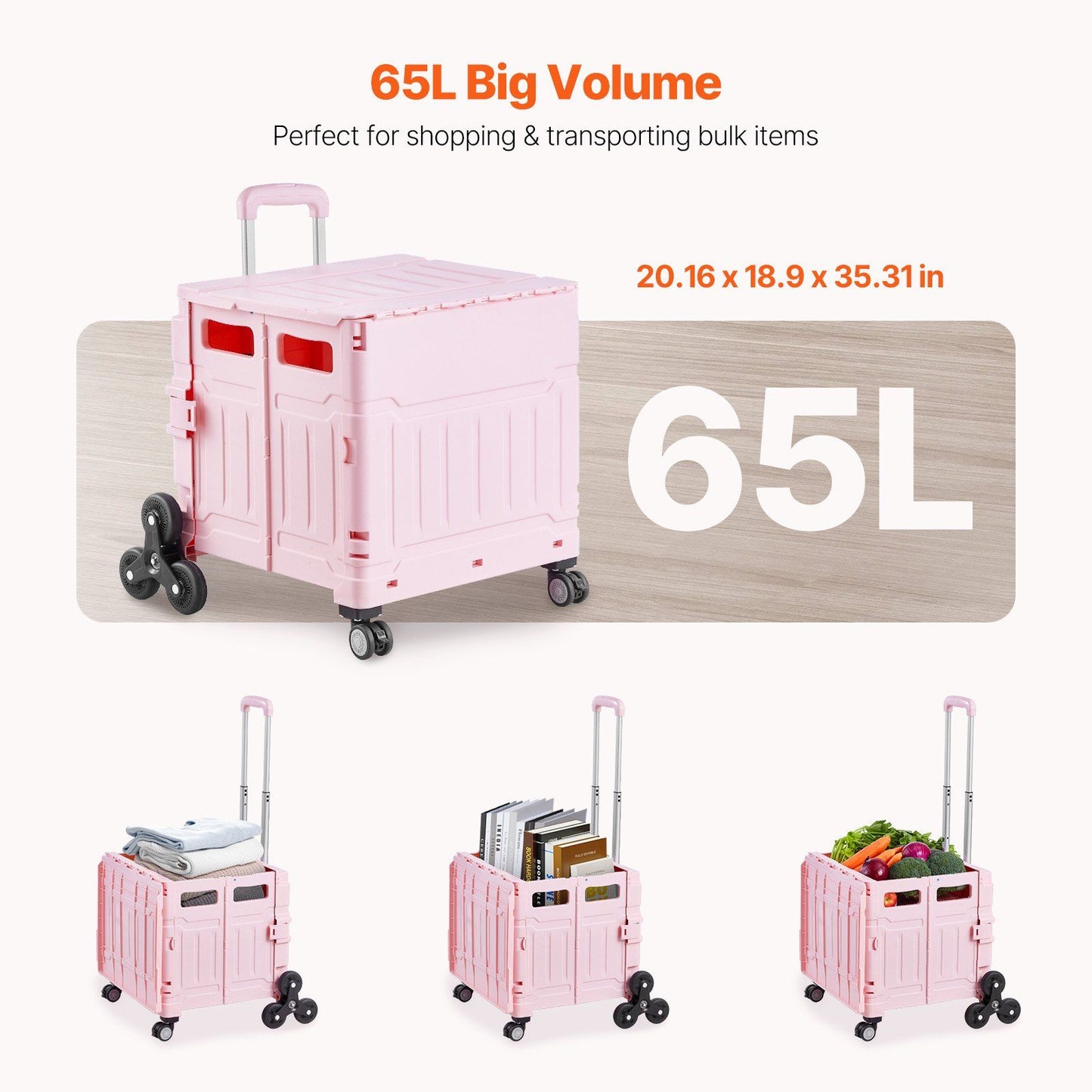 Foldable Utility Cart, 65L Collapsible Portable Crate Rolling Cart with Stair Climbing Wheels & 360 degrees V952-BXSPLCFS176L2ECQCV0