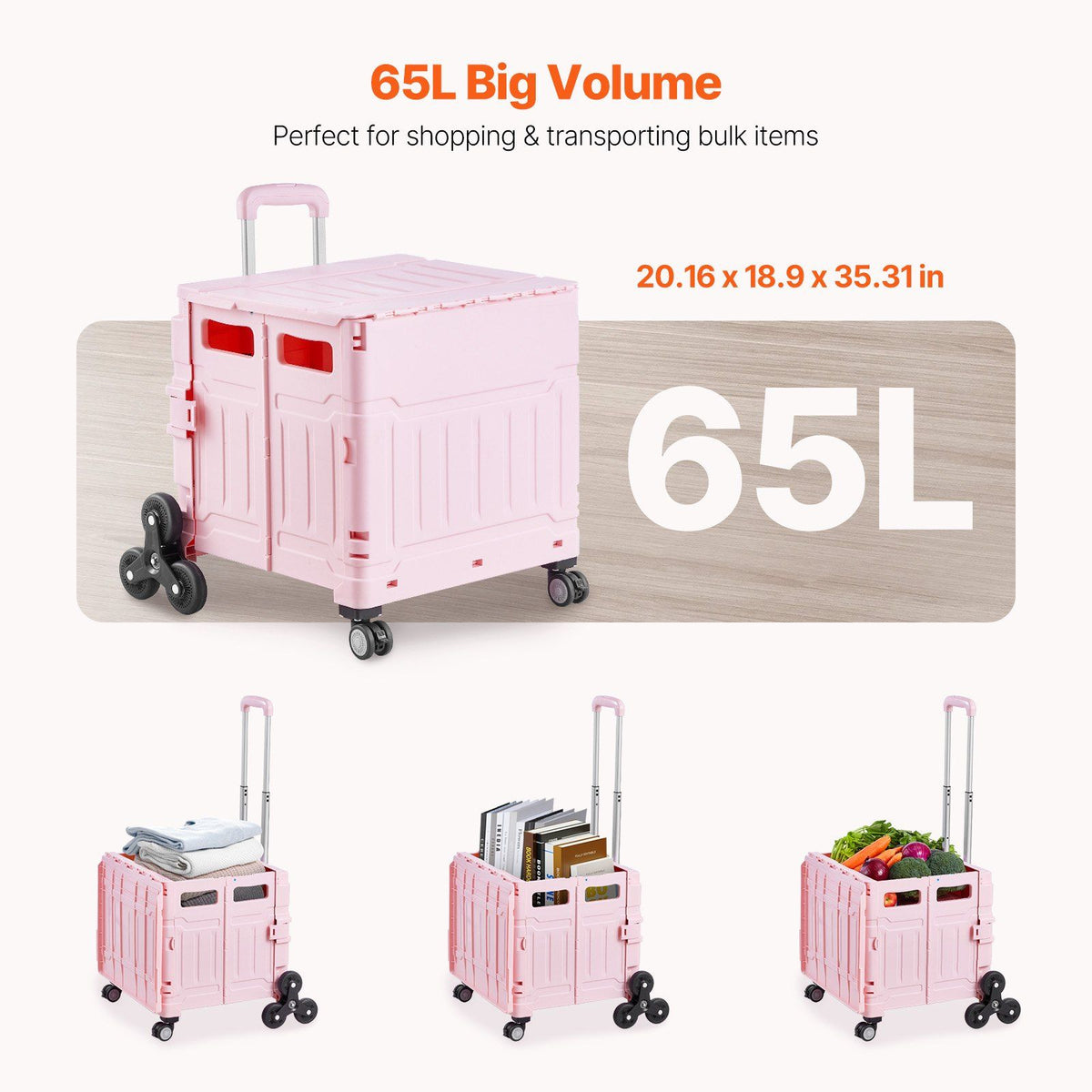 Foldable Utility Cart, 65L Collapsible Portable Crate Rolling Cart with Stair Climbing Wheels & 360 degrees V952-BXSPLCFS176L2ECQCV0