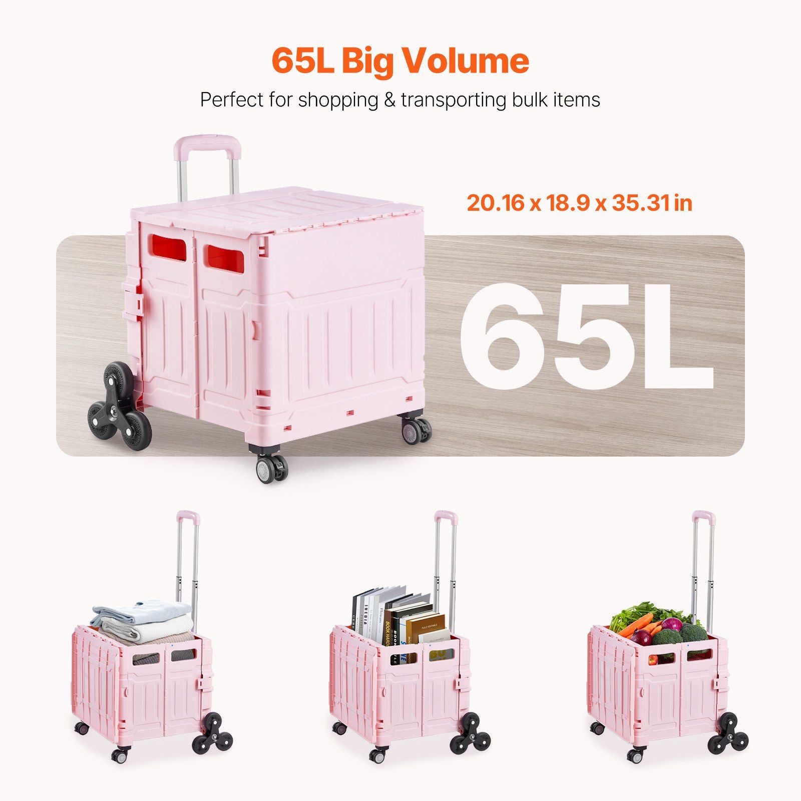 Foldable Utility Cart, 65L Collapsible Portable Crate Rolling Cart with Stair Climbing Wheels & 360 degrees V952-BXSPLCFS176L2ECQCV0