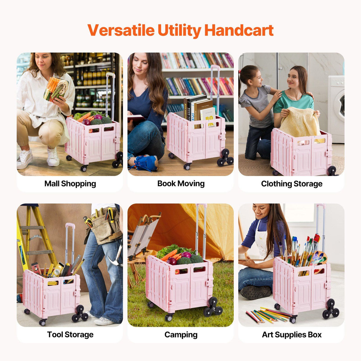 Foldable Utility Cart, 65L Collapsible Portable Crate Rolling Cart with Stair Climbing Wheels & 360 degrees V952-BXSPLCFS176L2ECQCV0