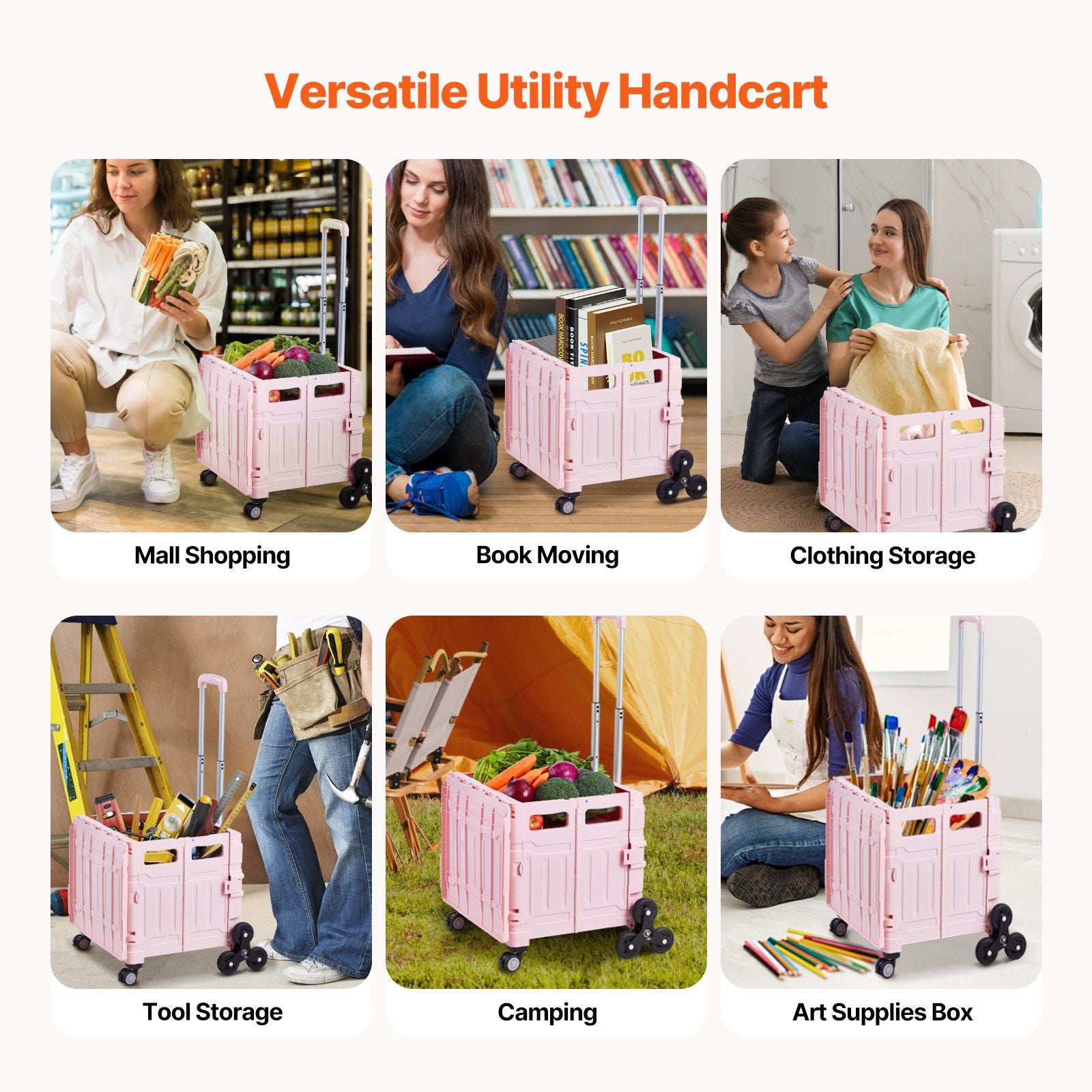 Foldable Utility Cart, 65L Collapsible Portable Crate Rolling Cart with Stair Climbing Wheels & 360 degrees V952-BXSPLCFS176L2ECQCV0