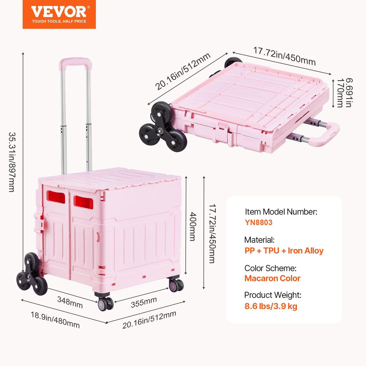 Foldable Utility Cart, 65L Collapsible Portable Crate Rolling Cart with Stair Climbing Wheels & 360 degrees V952-BXSPLCFS176L2ECQCV0
