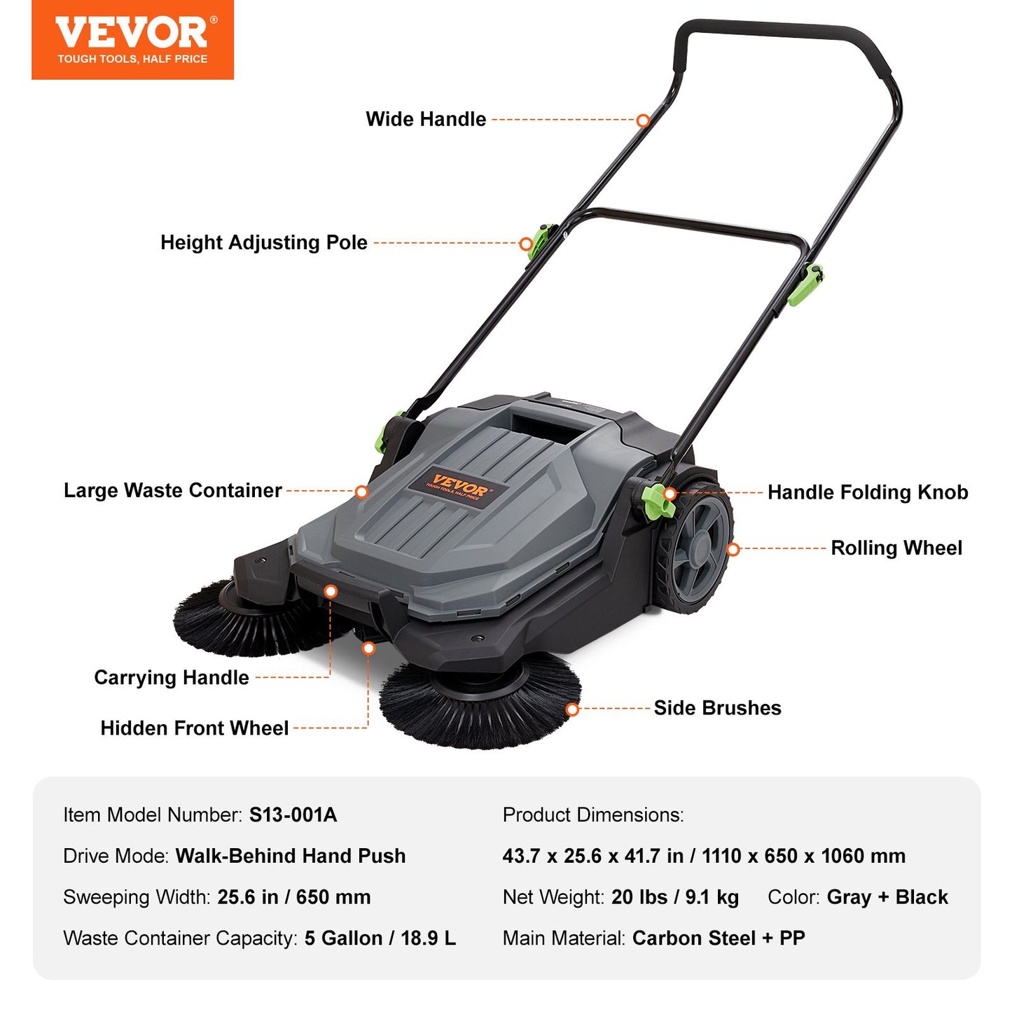 Walk-behind Hand Push Floor Sweeper 25.6" Width 5 Gallon Waste Container V952-BXSQSC55JL26E5I64V0