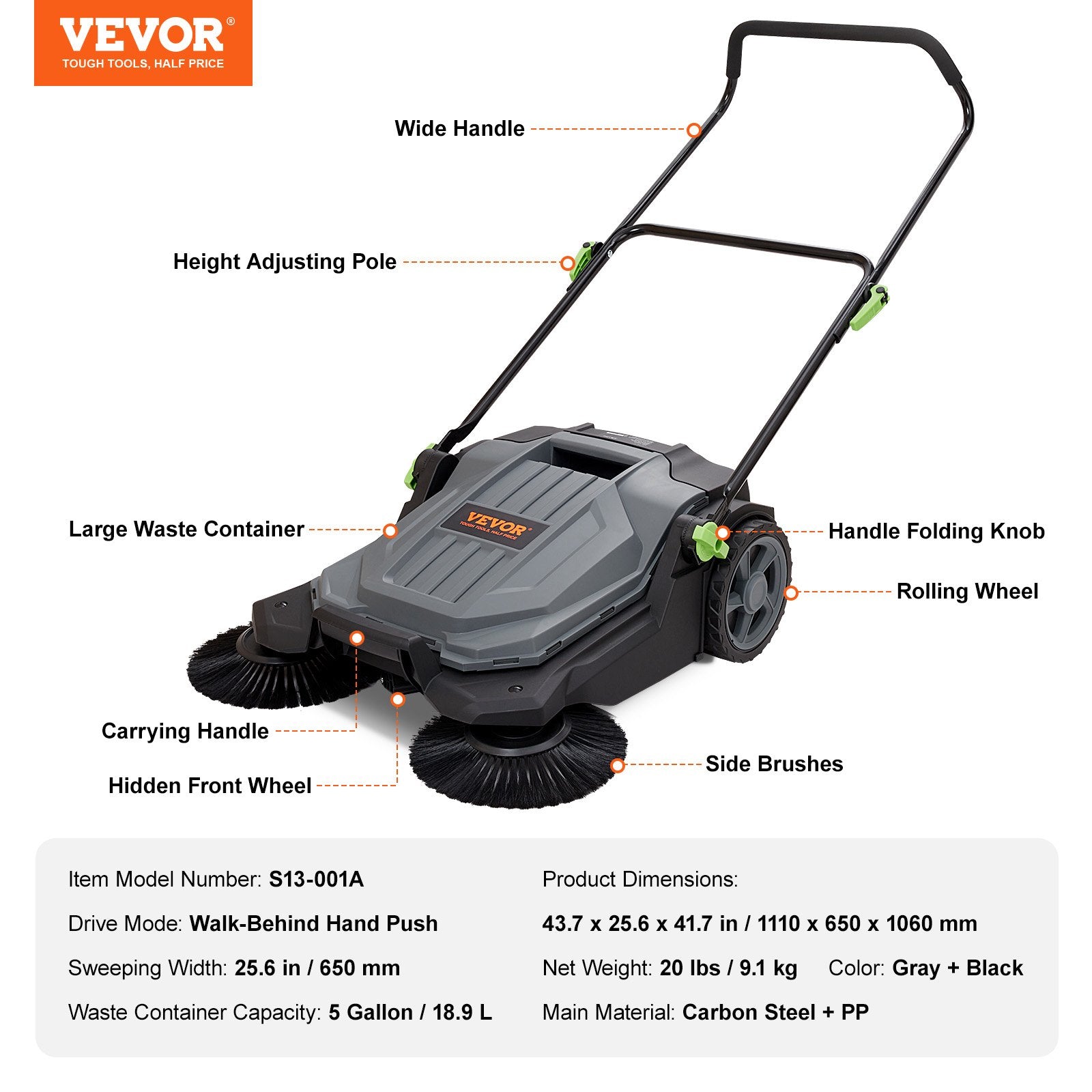 Walk-behind Hand Push Floor Sweeper 25.6" Width 5 Gallon Waste Container V952-BXSQSC55JL26E5I64V0