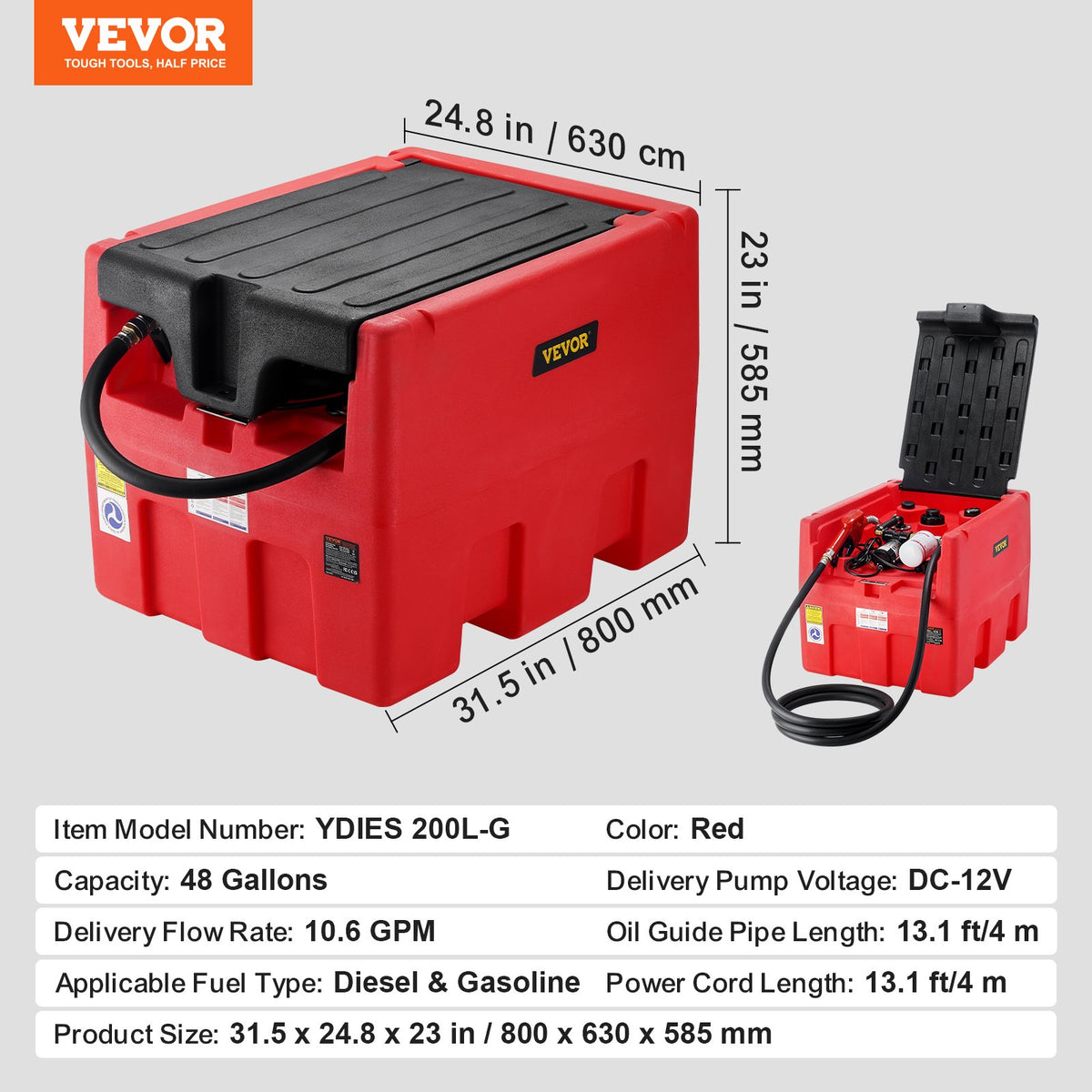 Portable Diesel & Gasoline Tank, 182L, 10.6 GPM Flow Rate, Diesel Fuel Tank with Electric Transfer Pump, 4 m V952-BXSRYXHSSL48HT1Z8V9
