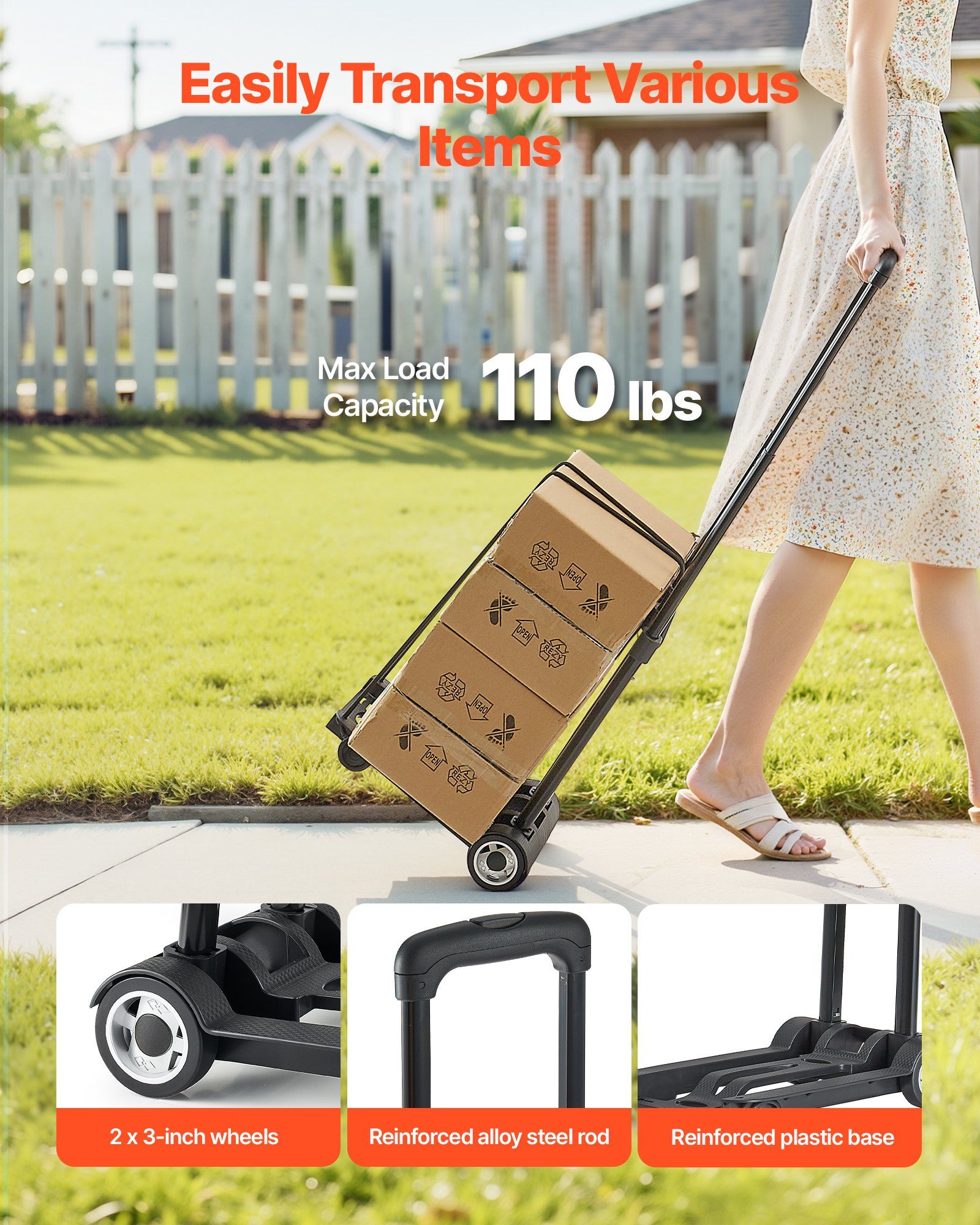 Folding Hand Truck, 49.9 kg Load Capacity, Collapsible Luggage Cart with 2 Wheels & 1 Elastic Rope, Utility V952-BXSTHCHS2G11BKSTN001V0