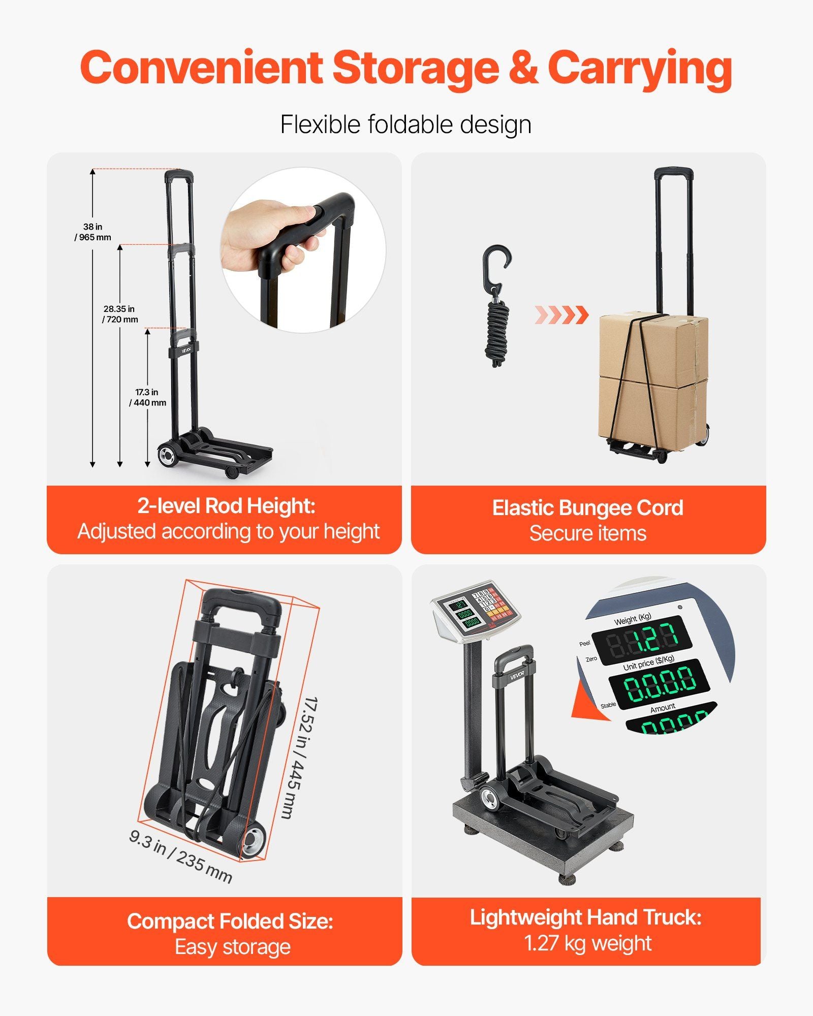 Folding Hand Truck, 49.9 kg Load Capacity, Collapsible Luggage Cart with 2 Wheels & 1 Elastic Rope, Utility V952-BXSTHCHS2G11BKSTN001V0