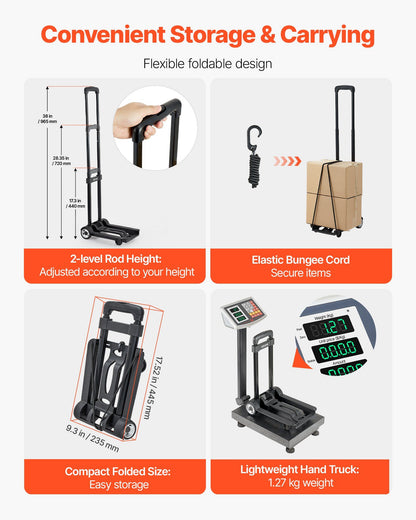 Folding Hand Truck, 49.9 kg Load Capacity, Collapsible Luggage Cart with 2 Wheels & 1 Elastic Rope, Utility V952-BXSTHCHS2G11BKSTN001V0