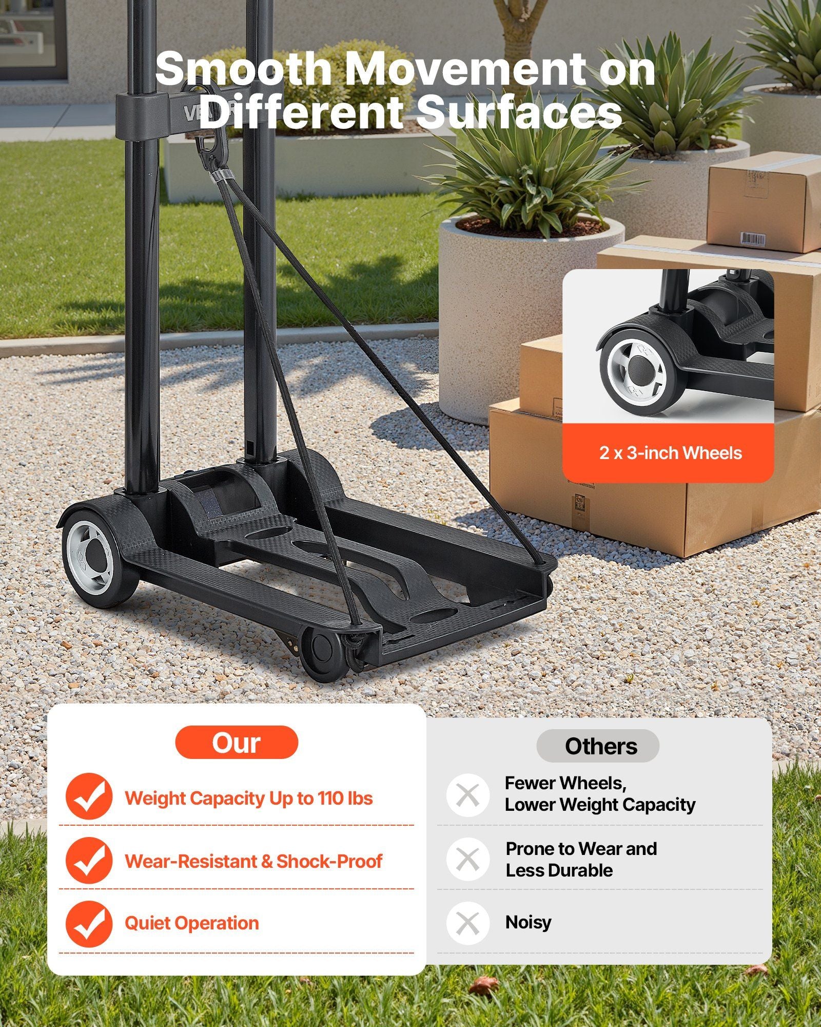 Folding Hand Truck, 49.9 kg Load Capacity, Collapsible Luggage Cart with 2 Wheels & 1 Elastic Rope, Utility V952-BXSTHCHS2G11BKSTN001V0