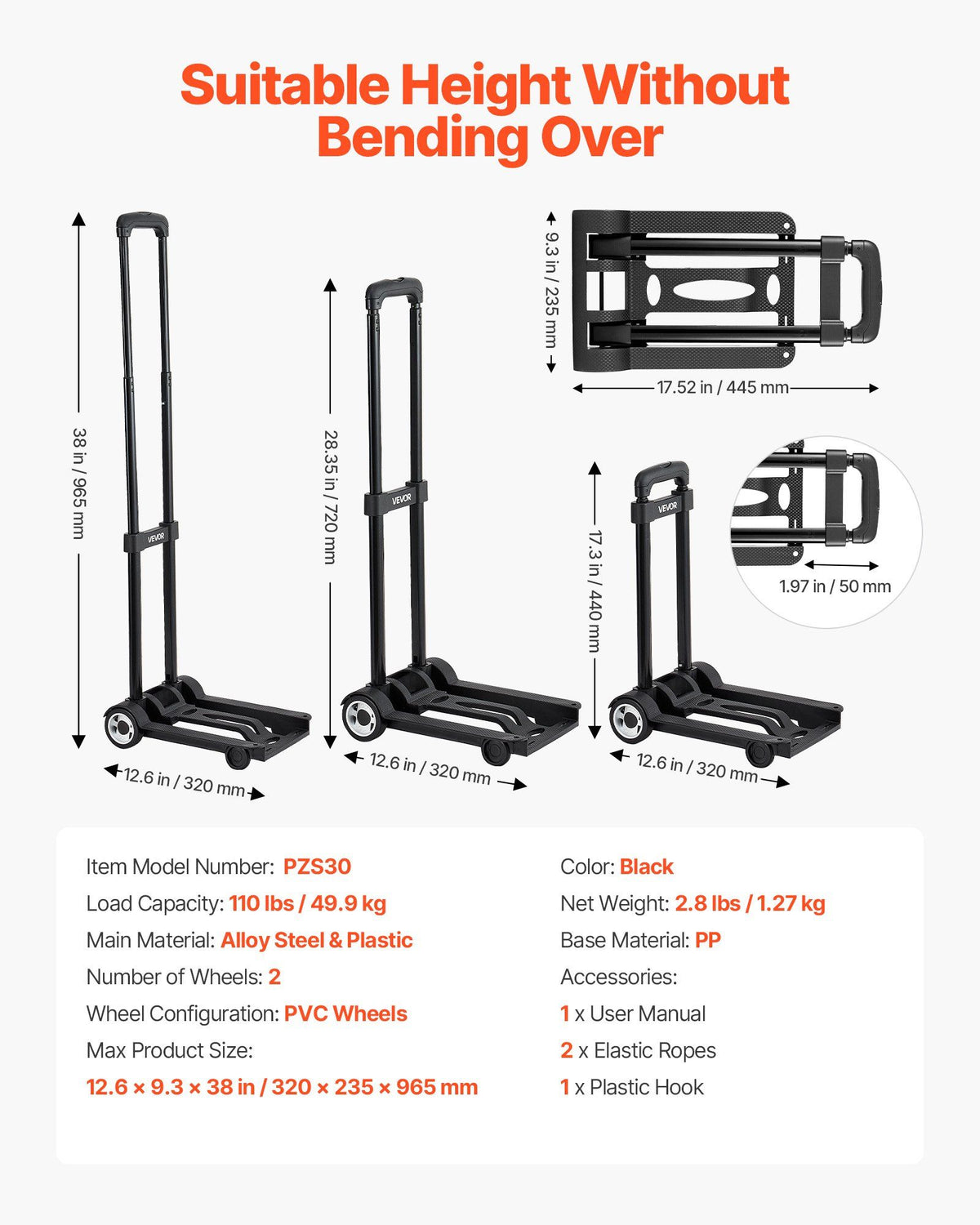 Folding Hand Truck, 49.9 kg Load Capacity, Collapsible Luggage Cart with 2 Wheels & 1 Elastic Rope, Utility V952-BXSTHCHS2G11BKSTN001V0