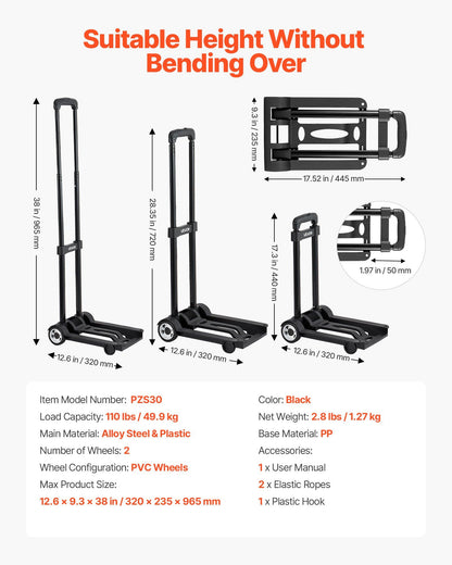 Folding Hand Truck, 49.9 kg Load Capacity, Collapsible Luggage Cart with 2 Wheels & 1 Elastic Rope, Utility V952-BXSTHCHS2G11BKSTN001V0