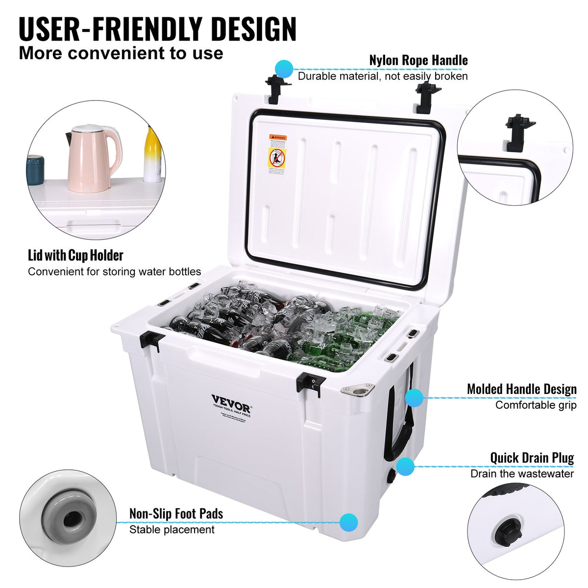 Insulated Portable Cooler, 65 qt, Holds 65 Cans, Ice Retention Hard Cooler with Heavy Duty Handle, Ice Chest V952-BXSYLQQGS65QTSVSEV0