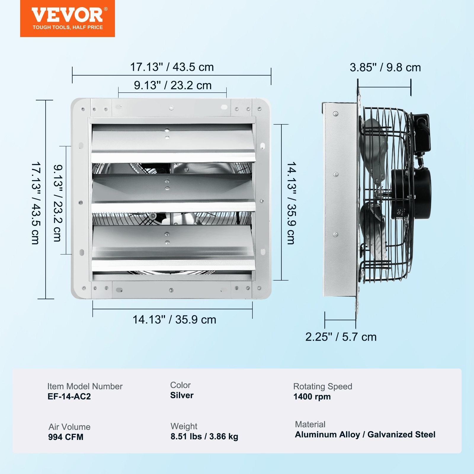 Shutter Exhaust Fan, 356 mm High-speed 1400RPM 994 CFM, Aluminum Wall Mount Attic Fan with AC-motor, V952-BYCSPQSACDJ1BBOUXV3