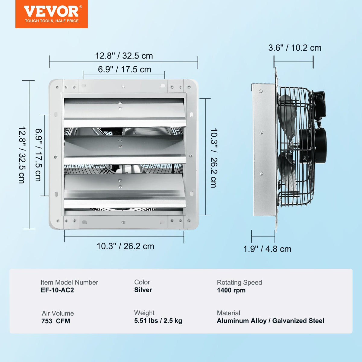 Shutter Exhaust Fan, 254 mm High-speed 1400RPM 753 CFM, Aluminum Wall Mount Attic Fan with AC-motor, V952-BYCSPQSDJAC10PBM8V3