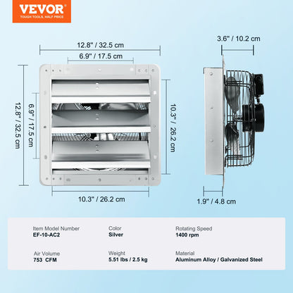 Shutter Exhaust Fan, 254 mm High-speed 1400RPM 753 CFM, Aluminum Wall Mount Attic Fan with AC-motor, V952-BYCSPQSDJAC10PBM8V3