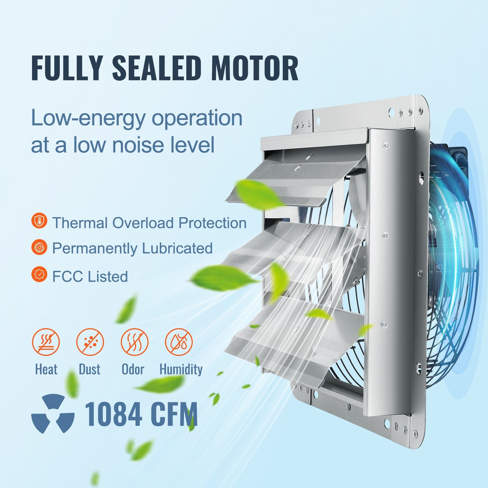 Shutter Exhaust Fan, 305 mm High-speed 1400RPM 1084 CFM, Aluminum Wall Mount Attic Fan with AC-motor, V952-BYCSPQSDJAC12DLJSV3