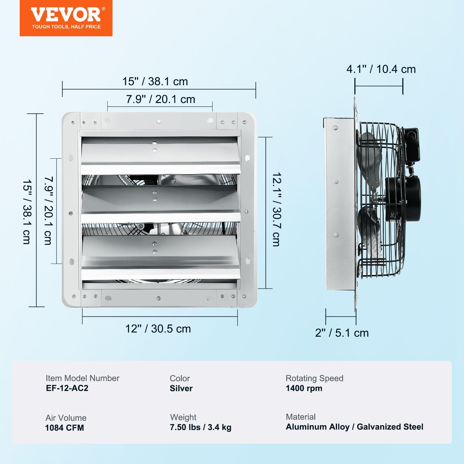Shutter Exhaust Fan, 305 mm High-speed 1400RPM 1084 CFM, Aluminum Wall Mount Attic Fan with AC-motor, V952-BYCSPQSDJAC12DLJSV3