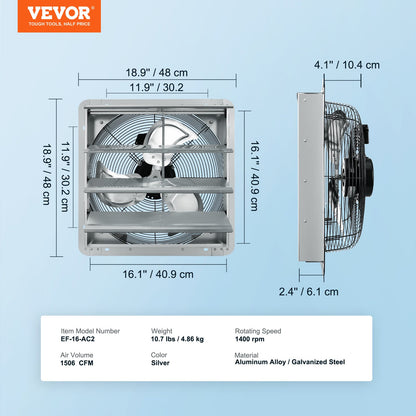 Shutter Exhaust Fan, 406 mm High-speed 1400RPM 1506 CFM, Aluminum Wall Mount Attic Fan with AC-motor, V952-BYCSPQSDJAC16NRV5V3