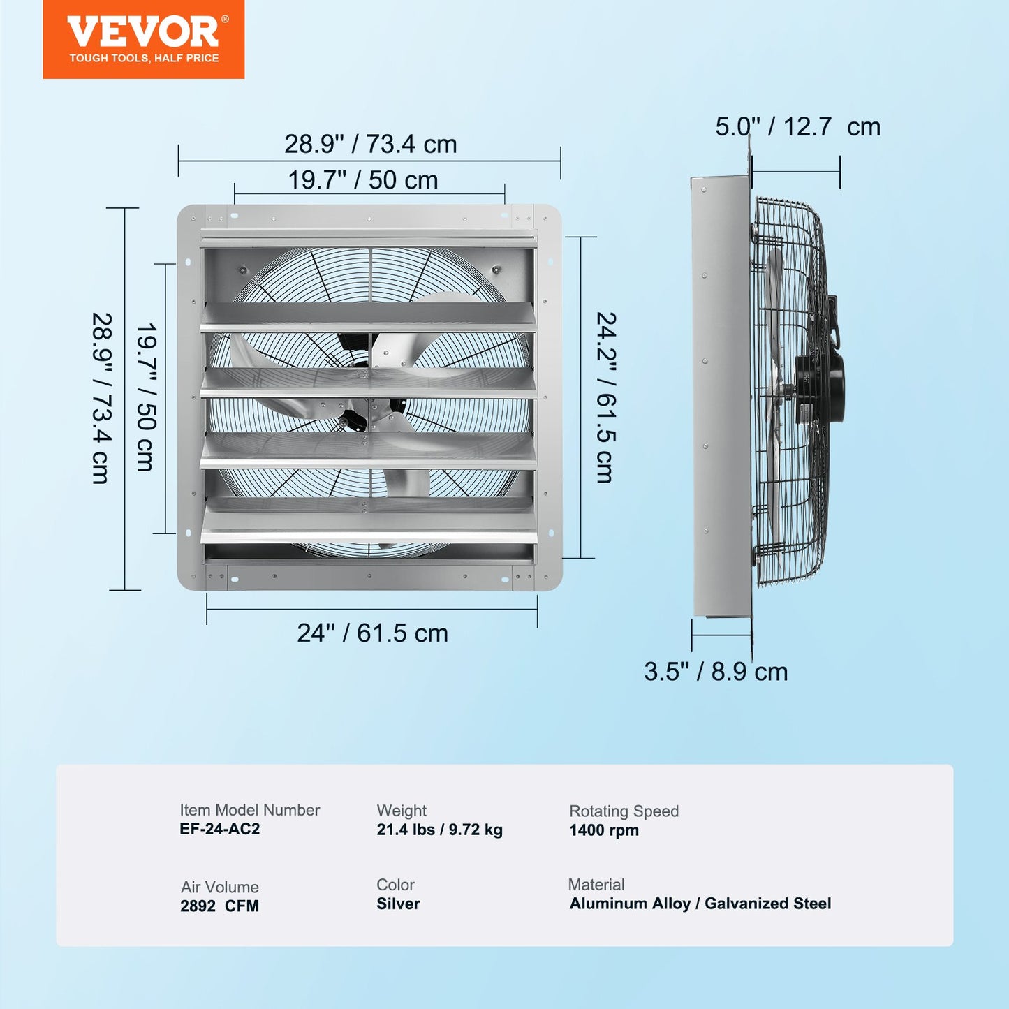 Shutter Exhaust Fan, 610 mm High-speed 1400RPM 2892 CFM, Aluminum Wall Mount Attic Fan with AC-motor, V952-BYCSPQSDJAC2421TSV3