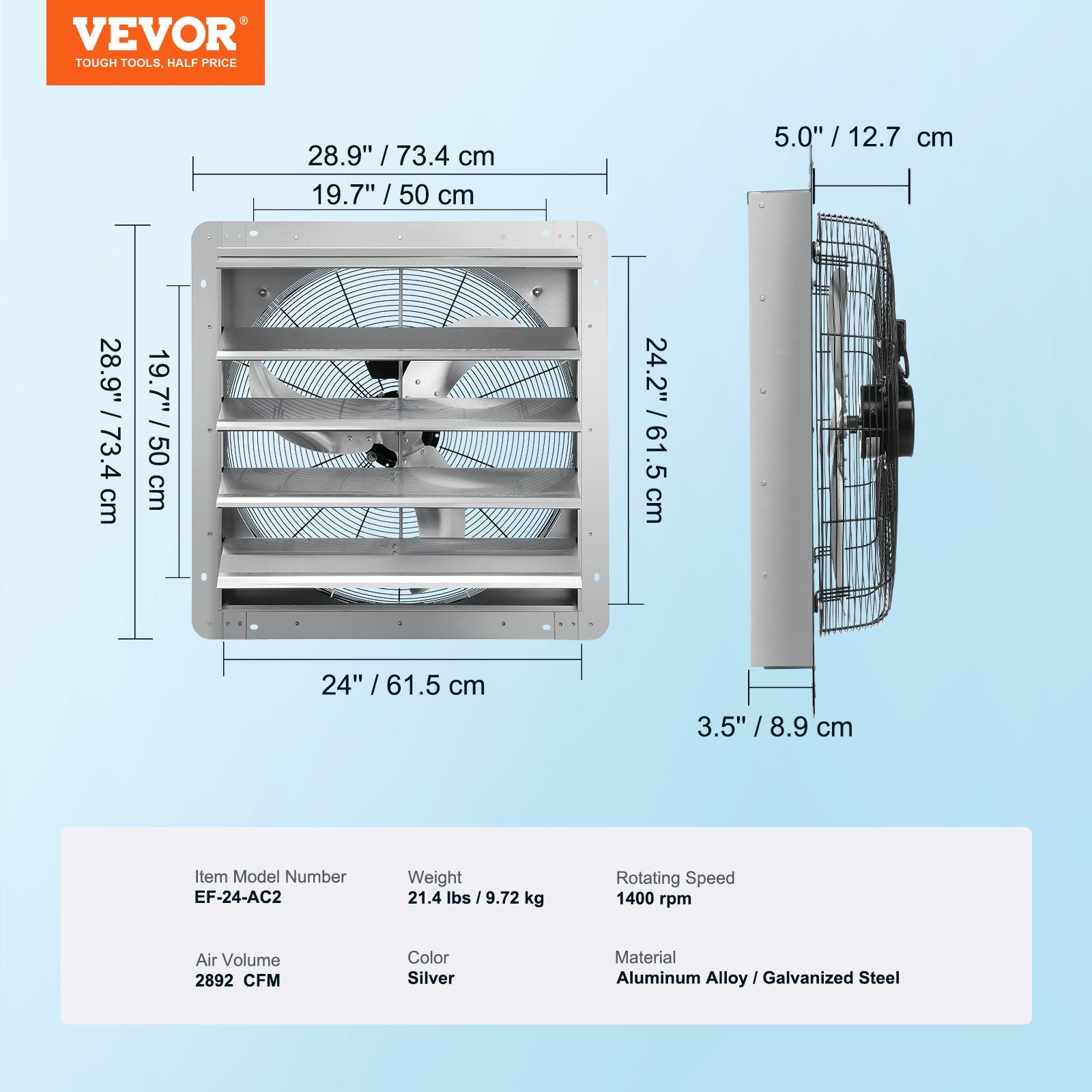Shutter Exhaust Fan, 610 mm High-speed 1400RPM 2892 CFM, Aluminum Wall Mount Attic Fan with AC-motor, V952-BYCSPQSDJAC2421TSV3