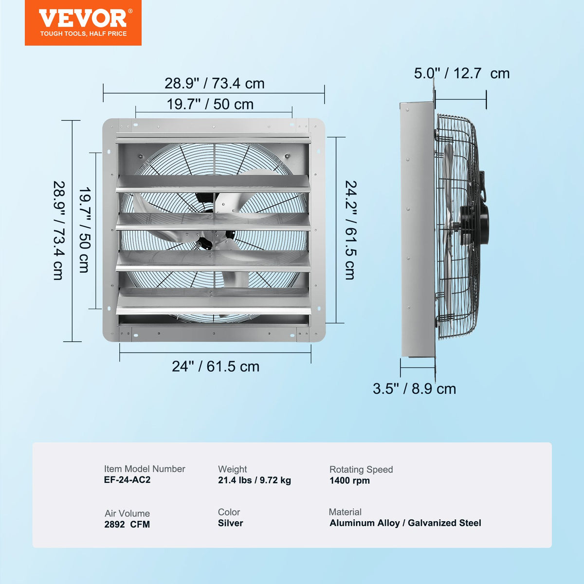 Shutter Exhaust Fan, 610 mm High-speed 1400RPM 2892 CFM, Aluminum Wall Mount Attic Fan with AC-motor, V952-BYCSPQSDJAC2421TSV3