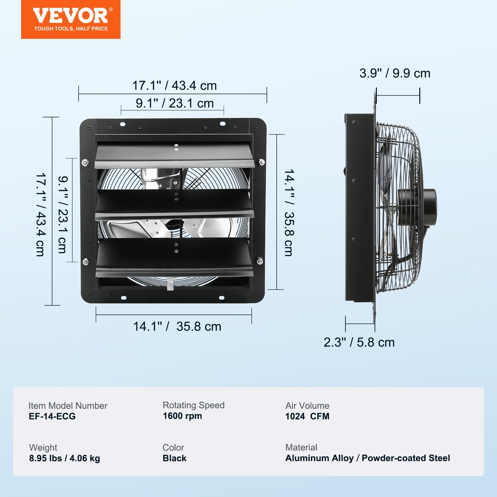 Shutter Exhaust Fan, 356 mm / 14inch with Temperature Humidity Controller, EC-motor, 1024 CFM, Variable Speed V952-BYCSPQSDJEC14Y5NAV3