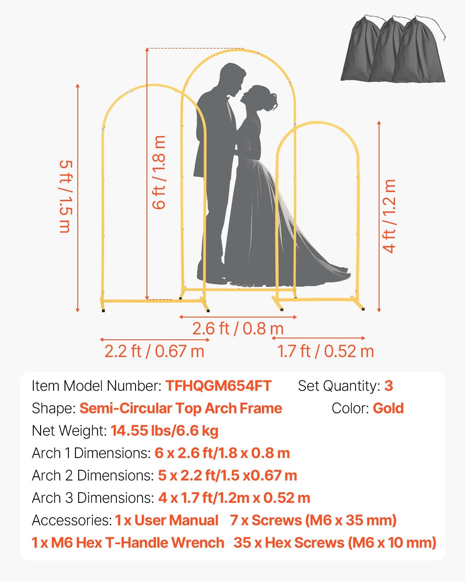 Arch Backdrop Stand, Set of 3, 1.8/1.5/1.2 m, Stable Structure, Easy Assembly, Gold Metal Arch Backdrop Stand V952-BYDGMJSJT6FTQCA1U001V0