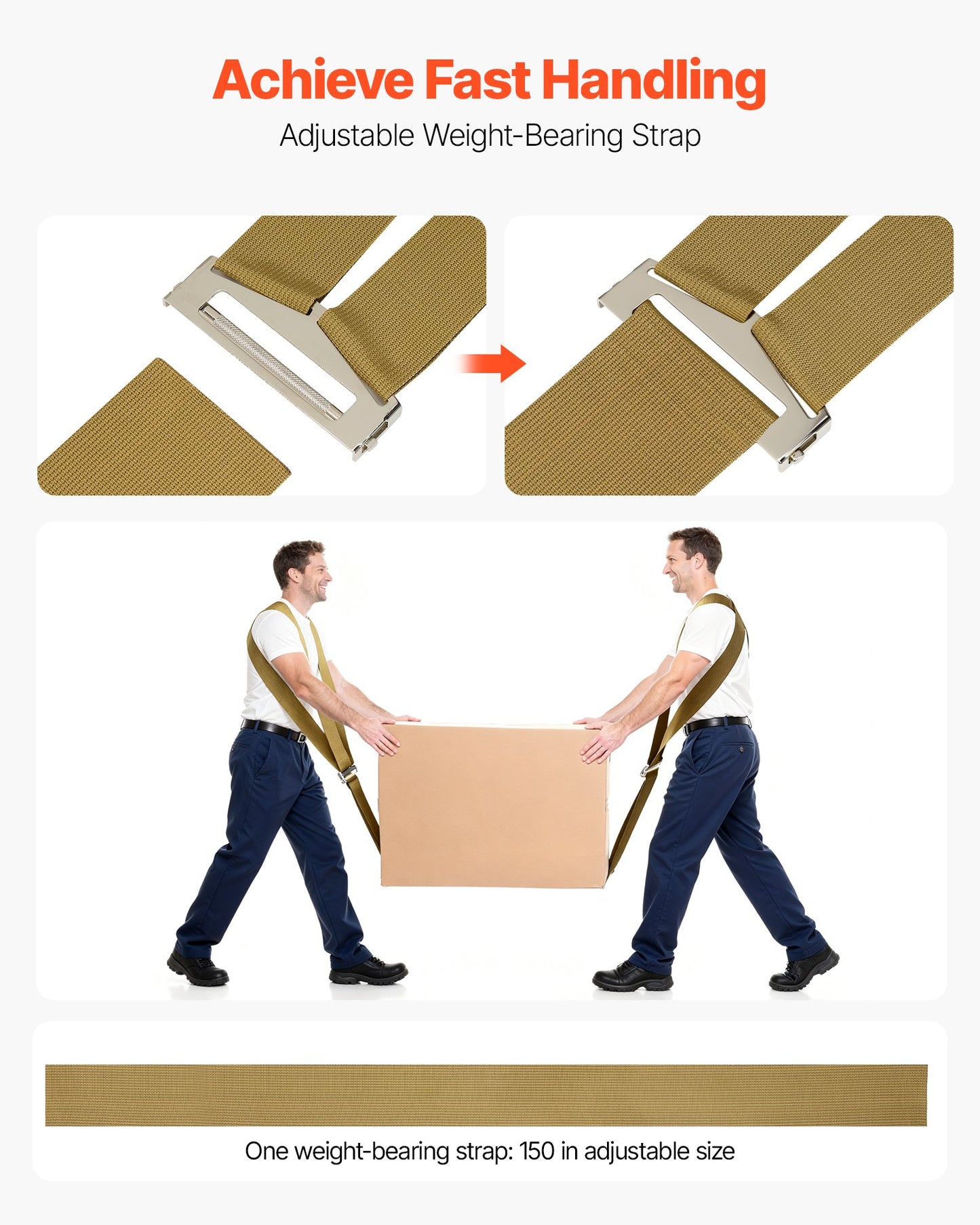 Moving Straps, Supports up to 453.6 kg, 2-Person Lifting and Moving System with 2 Harness Straps & 1 V952-BYDJKSDTX8003WHVE001V0