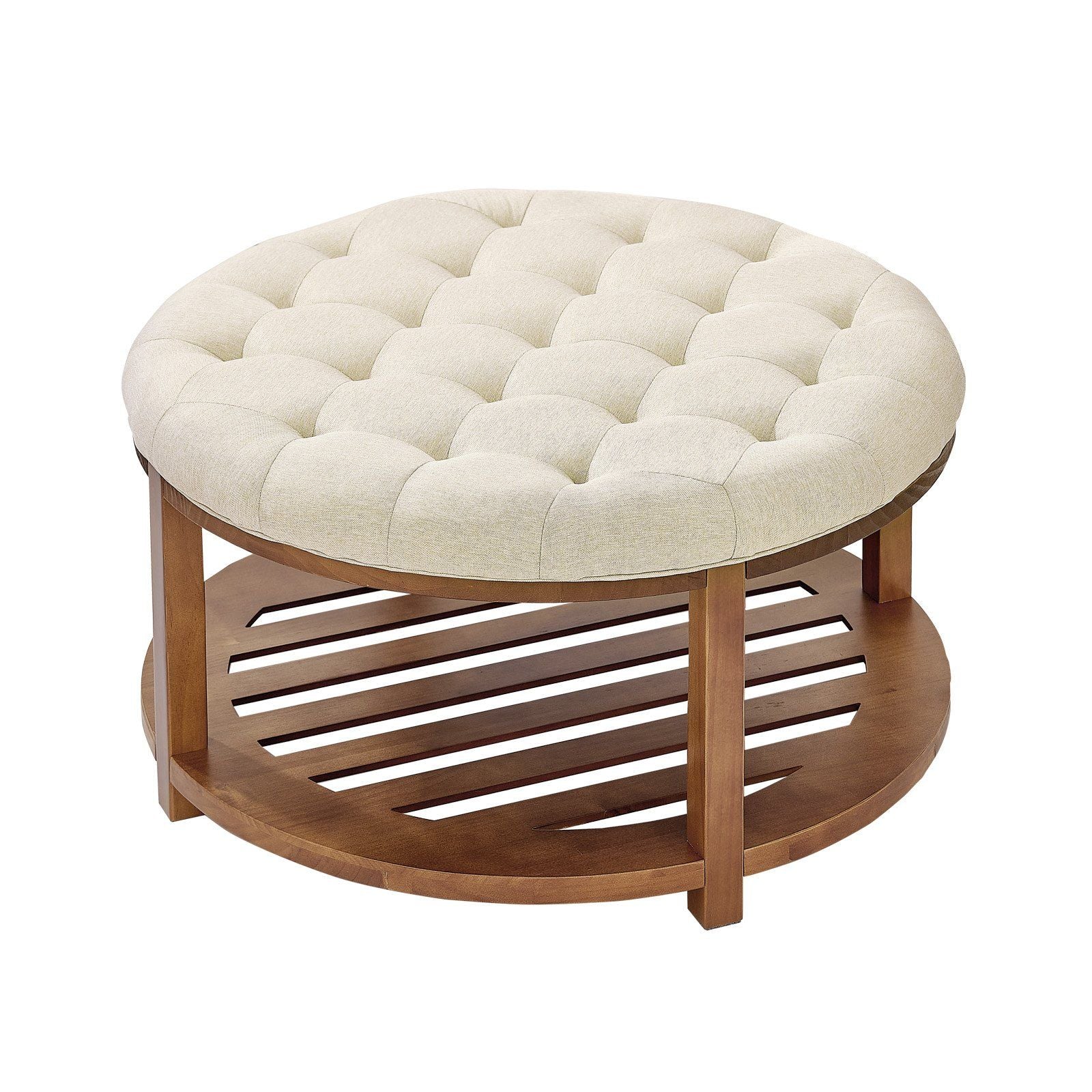 Large Round Ottoman Coffee Table, 81 cm Tufted Coffee Table with Solid Wood Shelf Storage, Linen Solid V952-BYJDYXWSJKFSU67U8001V0
