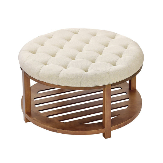 Large Round Ottoman Coffee Table, 81 cm Tufted Coffee Table with Solid Wood Shelf Storage, Linen Solid V952-BYJDYXWSJKFSU67U8001V0