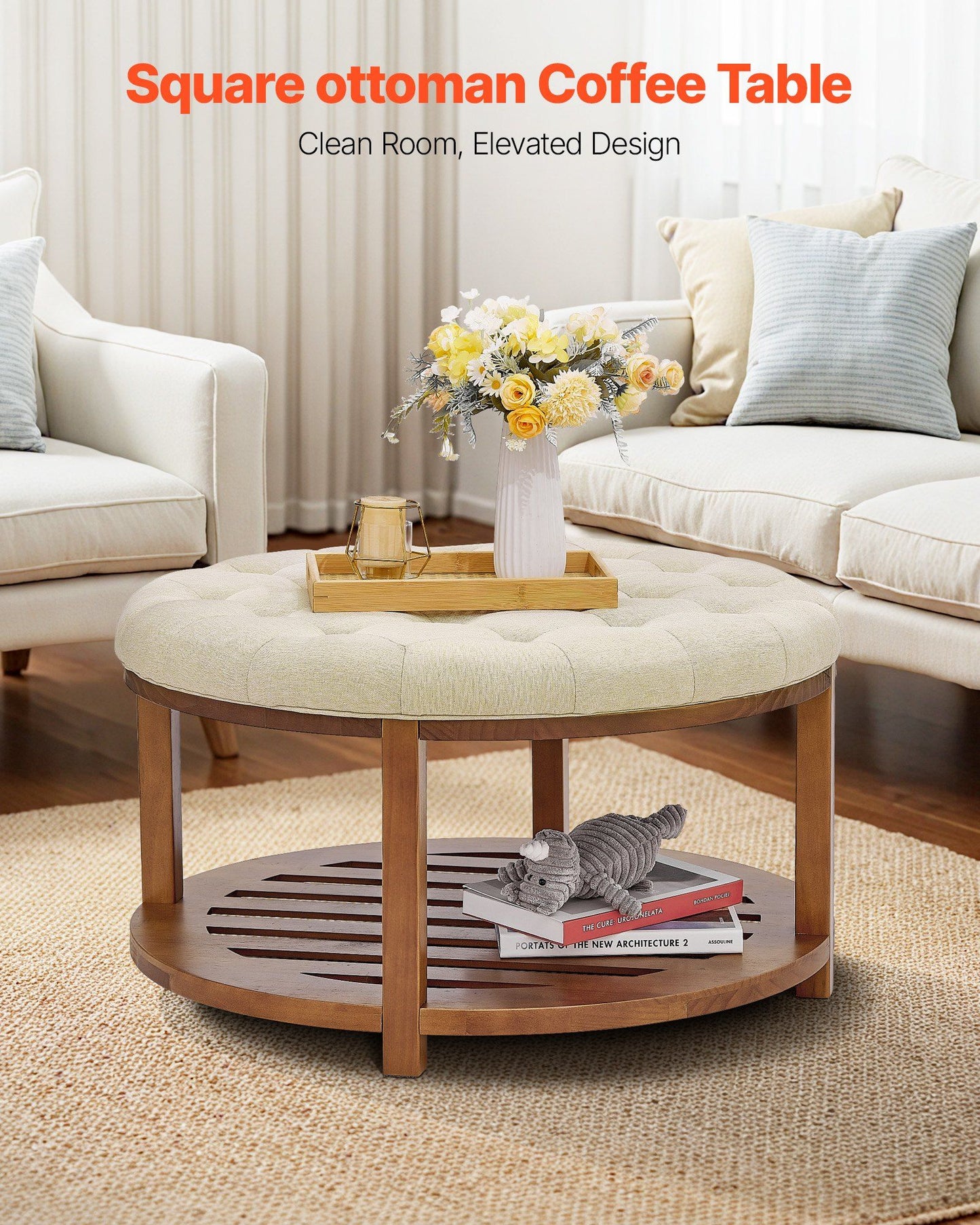 Large Round Ottoman Coffee Table, 81 cm Tufted Coffee Table with Solid Wood Shelf Storage, Linen Solid V952-BYJDYXWSJKFSU67U8001V0