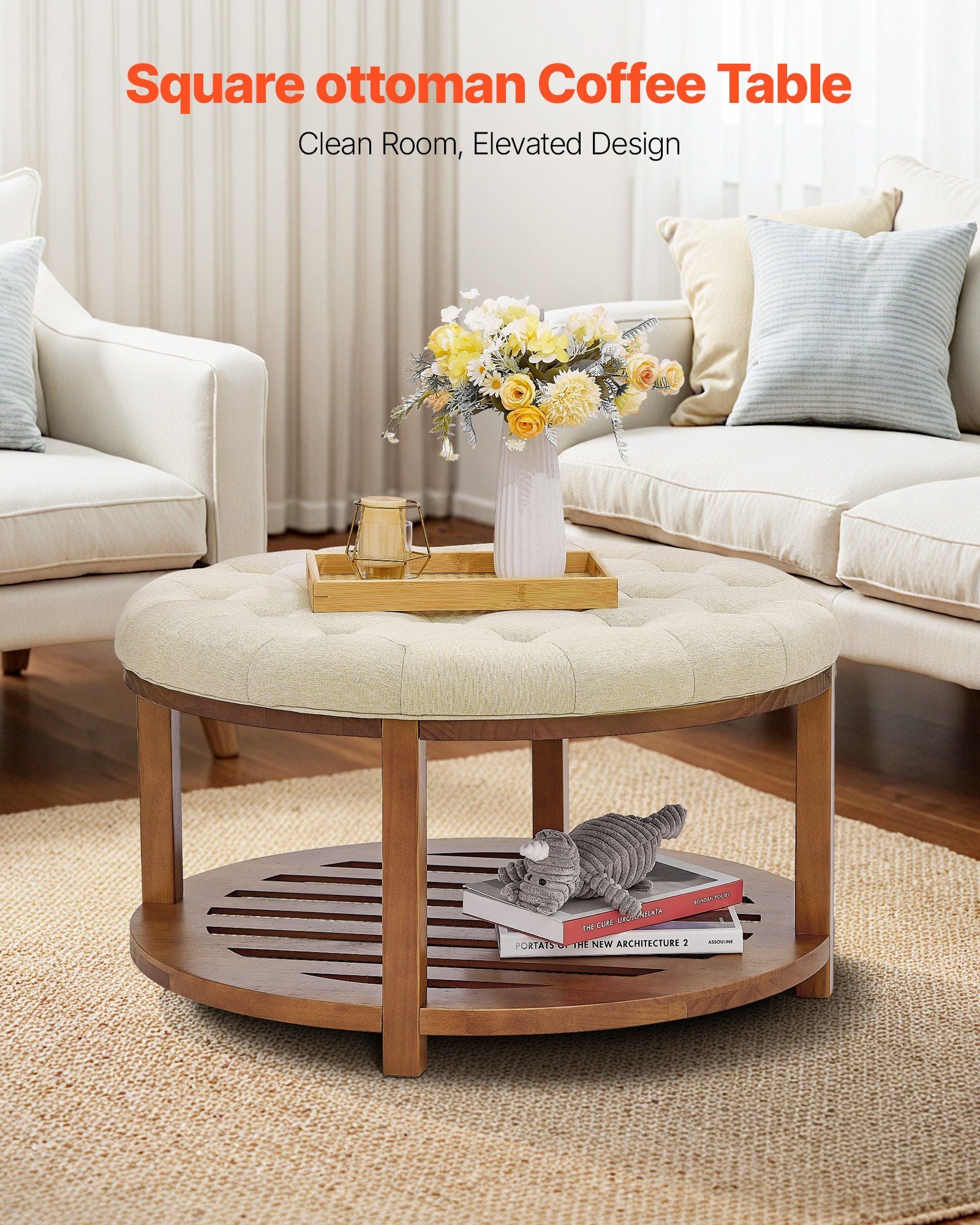 Large Round Ottoman Coffee Table, 81 cm Tufted Coffee Table with Solid Wood Shelf Storage, Linen Solid V952-BYJDYXWSJKFSU67U8001V0