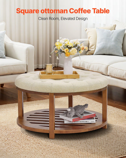 Large Round Ottoman Coffee Table, 81 cm Tufted Coffee Table with Solid Wood Shelf Storage, Linen Solid V952-BYJDYXWSJKFSU67U8001V0